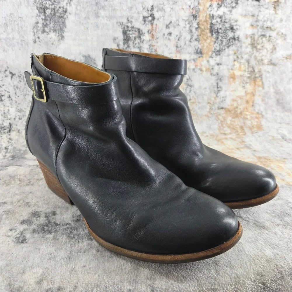 Kork Ease Velma Ankle Boots Womens‎ 7 Black Leather Back Zip Buckle Block Heel